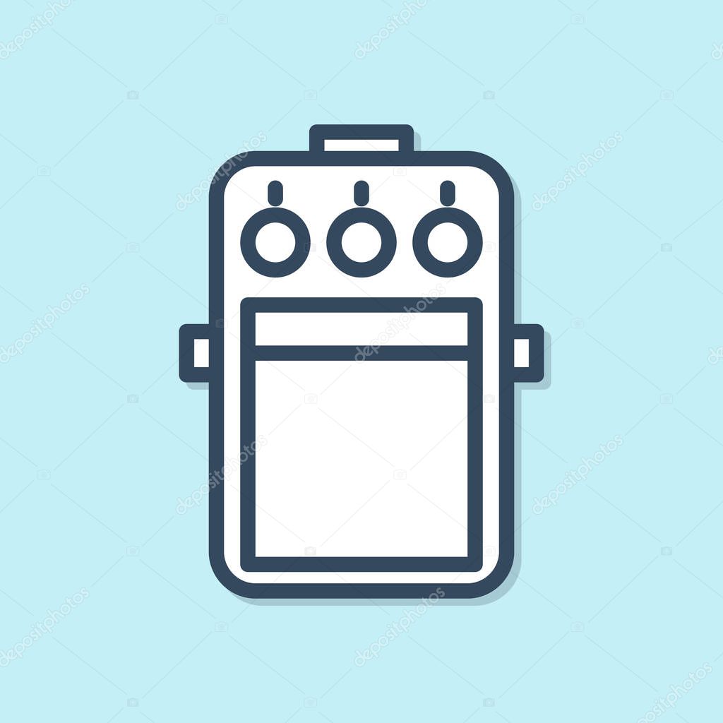 Blue line Guitar pedal icon isolated on blue background. Musical equipment.  Vector Illustration