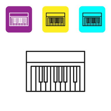 Siyah çizgi müzik sentezleyici simgesi beyaz arkaplanda izole edildi. Elektronik piyano. Renkli kare düğmeleri ayarlayın. Vektör İllüstrasyonu