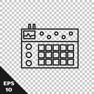 Siyah çizgi Drum makinesi simgesi şeffaf arkaplanda izole edildi. Müzik aletleri. Vektör İllüstrasyonu