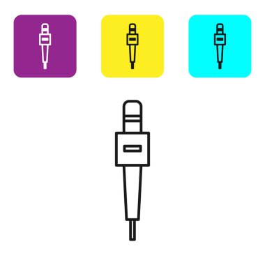 Siyah çizgi mikrofon simgesi beyaz arkaplanda izole edildi. Radyodaki mikrofondan. Sözcü işareti. Renkli kare düğmeleri ayarlayın. Vektör İllüstrasyonu