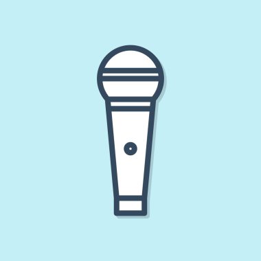 Mavi çizgi mikrofon simgesi mavi arkaplanda izole edildi. Radyodaki mikrofondan. Sözcü işareti. Vektör İllüstrasyonu