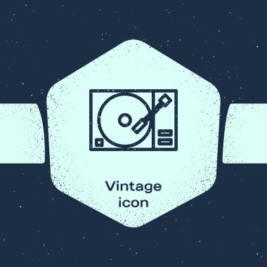 Grunge Line Vinil oynatıcı ve mavi arka planda izole edilmiş bir vinil disk simgesi var. Tek renkli klasik çizim. Vektör İllüstrasyonu