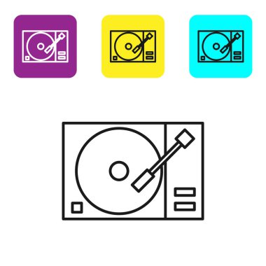 Beyaz arkaplanda izole edilmiş vinil disk simgesi olan siyah çizgi Vinil oynatıcı. Renkli kare düğmeleri ayarlayın. Vektör İllüstrasyonu