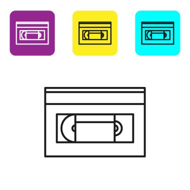 Siyah çizgi Vhs video kaset ikonu beyaz arkaplanda izole edildi. Renkli kare düğmeleri ayarlayın. Vektör İllüstrasyonu