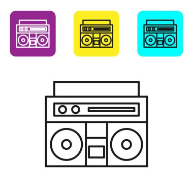 Beyaz zemin üzerinde iki hoparlör simgesi olan siyah çizgi ev müzik seti. Müzik sistemi. Renkli kare düğmeleri ayarlayın. Vektör İllüstrasyonu