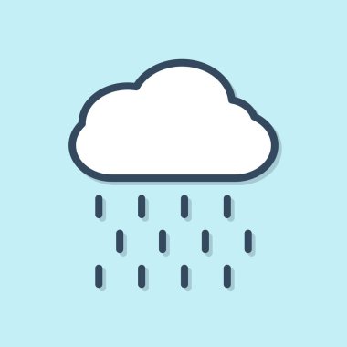 Mavi çizgi bulutu ve mavi arka planda izole edilmiş yağmur ikonu. Yağmur damlaları ile yağmur bulutu yağışı. Vektör İllüstrasyonu
