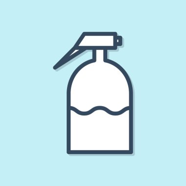 Su için mavi çizgi bahçe spreyi, gübre, mavi arka planda izole edilmiş kimyasal ikon. Vektör İllüstrasyonu