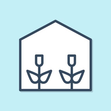 Mavi çizgi ev serası ve bitki ikonu mavi arka planda izole edilmiş. Vektör İllüstrasyonu