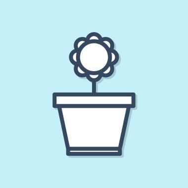 Mavi arka plan üzerinde izole pot simgesi mavi çizgi Çiçek. Bir tencerede yetişen bitki. Saksı bitki işareti. Vektör İllüstrasyonu