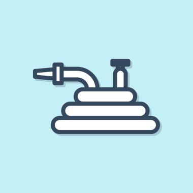 Mavi çizgi bahçe hortumu ya da yangın hortumu ikonu mavi arka planda izole edilmiş. Sprey tabanca ikonu. Su ekipmanları. Vektör İllüstrasyonu