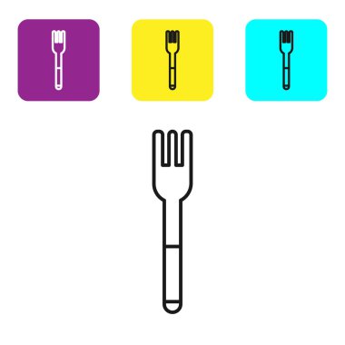 Siyah çizgi Çatal simgesi beyaz arka planda yalıtılmış. Çatal bıçak takımı sembolü. Simgeleri renkli kare düğmeleri ayarlayın. Vektör İllüstrasyonu