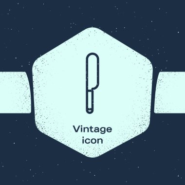 Grunge hattı Bıçak simgesi mavi arka plan üzerinde izole. Çatal bıçak takımı sembolü. Tek renkli vintage çizim. Vektör İllüstrasyonu