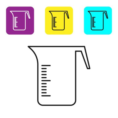 Siyah çizgi ölçme kabı beyaz zemin üzerinde izole edilmiş kuru ve sıvı yiyecek ikonunu ölçmek için. Plastik şişenin sapı var. Renkli kare düğmeleri ayarlayın. Vektör İllüstrasyonu