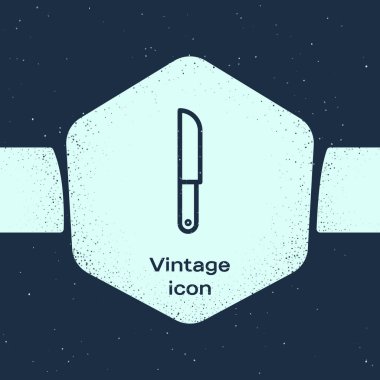 Grunge hattı Bıçak simgesi mavi arka plan üzerinde izole. Çatal bıçak takımı sembolü. Tek renkli vintage çizim. Vektör İllüstrasyonu