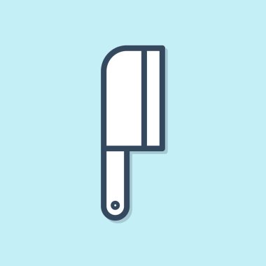 Blue line Meat chopper icon isolated on blue background. Kitchen knife for meat. Butcher knife.  Vector Illustration