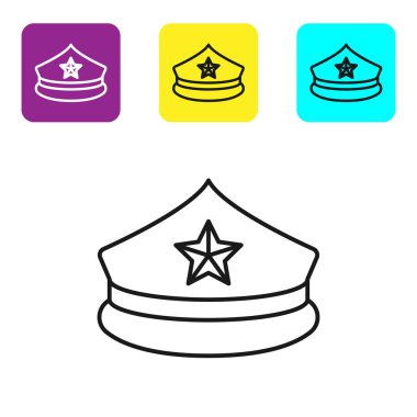 Siyah çizgi polis şapkası ve beyaz arka planda izole papağan ikonu. Polis şapkası işareti. Renkli kare düğmeleri ayarlayın. Vektör İllüstrasyonu