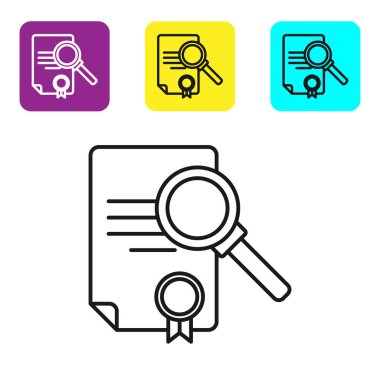 Beyaz arkaplanda arama simgesine sahip siyah çizgi belgesi. Dosya ve büyüteç simgesi. Analitik araştırma işareti. Renkli kare düğmeleri ayarlayın. Vektör İllüstrasyonu