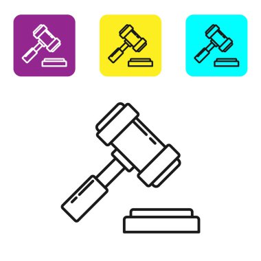 Siyah çizgi Yargıç Tokmak ikonu beyaz arka planda izole edildi. Gavel cezaların, faturaların, mahkemenin, adaletin hükmünü verecek. Açık arttırma çekici. Renkli kare düğmeleri ayarlayın. Vektör İllüstrasyonu