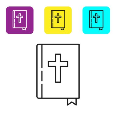 Siyah çizgi. Kutsal İncil ikonu beyaz arka planda izole edilmiş. Renkli kare düğmeleri ayarlayın. Vektör İllüstrasyonu