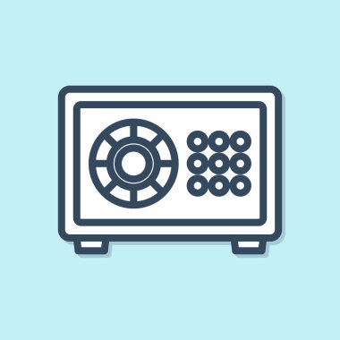 Mavi arka planda yalıtılmış Mavi çizgi Güvenli simgesi. Kapı kasası, kombine kilidi olan bir banka kasası. Güvenilir veri koruması. Vektör İllüstrasyonu