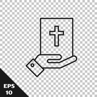 Kutsal İncil ikonu üzerine olan siyah çizgi yemini şeffaf arka planda izole edilmiştir. Mahkemedeki prosedür. Gerçek ve gerçek. Tanrı huzurunda söz ver. Vektör İllüstrasyonu