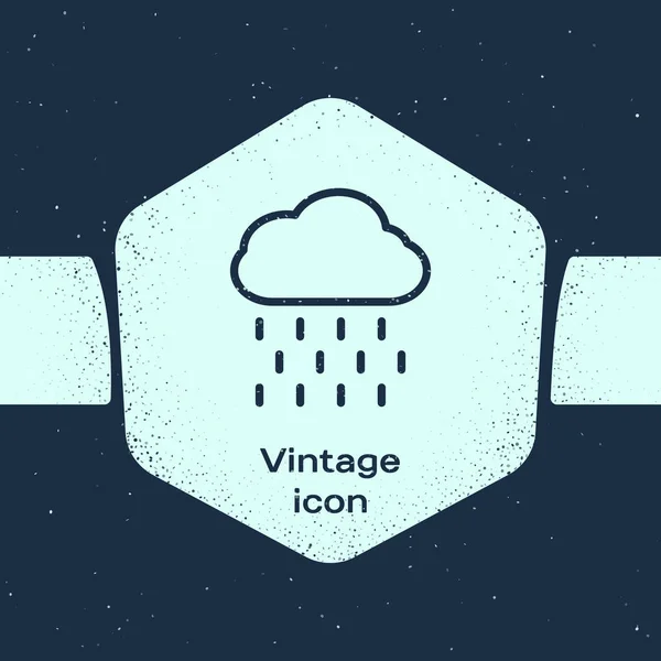Grunge line Cloud with rain icon isolated on blue background. Rain cloud precipitation with rain drops. Monochrome vintage drawing. Vector Illustration