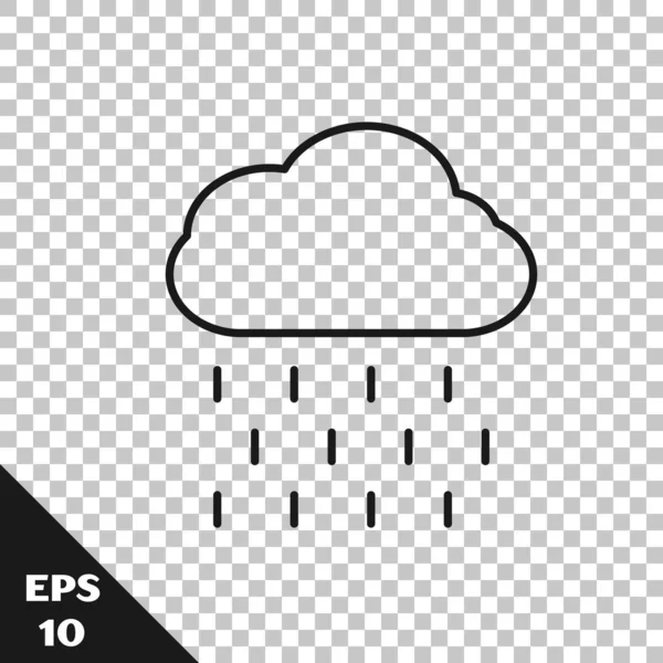 Black line Cloud with rain icon isolated on transparent background. Rain cloud precipitation with rain drops.  Vector Illustration