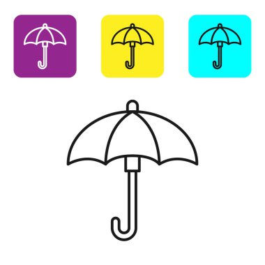 Beyaz arkaplanda siyah çizgi Umbrella simgesi izole edildi. Su geçirmez ikon. Koruma, güvenlik, güvenlik kavramı. Suya dayanıklı sembol. Renkli kare düğmeleri ayarlayın. Vektör İllüstrasyonu