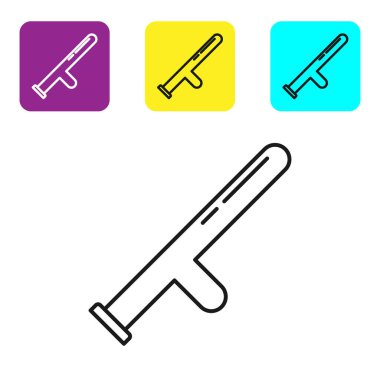 Siyah çizgi polis kauçuk çubuk simgesi beyaz arka planda izole edildi. Kauçuk copu. Polis yarasası. Polis ekipmanları. Renkli kare düğmeleri ayarlayın. Vektör İllüstrasyonu