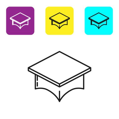 Siyah çizgi mezuniyet başlığı simgesi beyaz arkaplanda izole edildi. Tassel ikonlu mezuniyet şapkası. Renkli kare düğmeleri ayarlayın. Vektör İllüstrasyonu