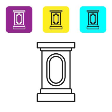 Siyah çizgi sahne standı ya da beyaz arkaplanda izole edilmiş podyum kürsü ikonu. Konferans konuşma tribünü. Renkli kare düğmeleri ayarlayın. Vektör İllüstrasyonu