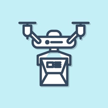 Mavi çizgi Drone dağıtım konsepti ikonu mavi arka planda izole edildi. Quadrocopter bir paket taşıyor. Ulaşım, lojistik konsept. Vektör İllüstrasyonu