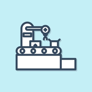 Mavi çizgi fabrika taşıma sistemi bandı karton kutular mühendislik makine simgesi mavi arka planda izole. Robot endüstrisi konsepti. Vektör İllüstrasyonu