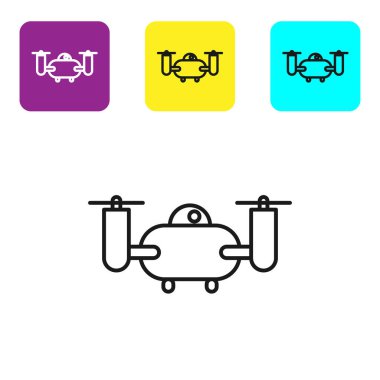 Siyah çizgi Drone beyaz arka plan üzerinde izole aksiyon video kamera simgesi ile uçan. Video ve fotoğraf makinesi sembolü ile Quadrocopter. Simgeleri renkli kare düğmeleri ayarlayın. Vektör İllüstrasyonu