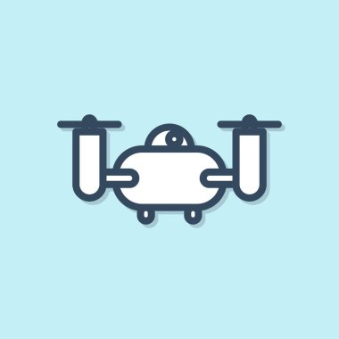 Mavi çizgi Drone mavi arka plan üzerinde izole aksiyon video kamera simgesi ile uçan. Video ve fotoğraf makinesi sembolü ile Quadrocopter. Vektör İllüstrasyonu
