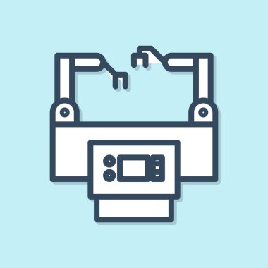 Mavi çizgi Assembly çizgi simgesi mavi arkaplanda izole edildi. Otomatik üretim taşıyıcısı. Robot endüstrisi konsepti. Vektör İllüstrasyonu