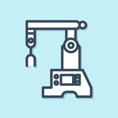 Mavi çizgi Assembly çizgi simgesi mavi arkaplanda izole edildi. Otomatik üretim taşıyıcısı. Robot endüstrisi konsepti. Vektör İllüstrasyonu