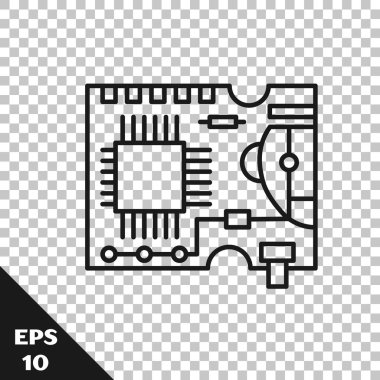 Siyah çizgi yazdırılmış Pcb simgesi şeffaf arkaplanda izole edildi. Vektör İllüstrasyonu