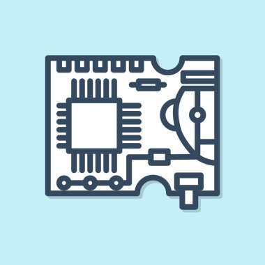 Mavi çizgi yazdırılmış Pcb simgesi mavi arkaplanda izole edildi. Vektör İllüstrasyonu