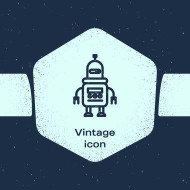 Grunge hattı robot simgesi mavi arkaplanda izole edildi. Tek renkli klasik çizim. Vektör İllüstrasyonu