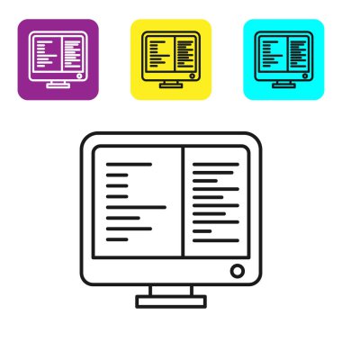 Siyah çizgi Bilgisayar monitör ekran simgesi beyaz arka plan üzerinde izole. Elektronik cihaz. Ön görüş. Simgeleri renkli kare düğmeleri ayarlayın. Vektör İllüstrasyonu