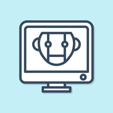 Mavi çizgi robot simgesi mavi arkaplanda izole edildi. Bilgisayar monitörü ve robot simgesi. Vektör İllüstrasyonu