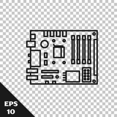 Siyah çizgi Elektronik bilgisayar bileşenleri anakart dijital çip entegre bilim ikonu şeffaf arka planda izole. Devre kartı. Vektör İllüstrasyonu