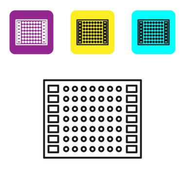 Siyah çizgi yazdırılmış Pcb simgesi beyaz arkaplanda izole edildi. Renkli kare düğmeleri ayarlayın. Vektör İllüstrasyonu