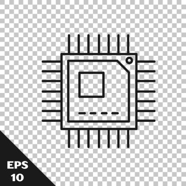 İşlemci simgesine sahip siyah çizgi Bilgisayar işlemcisi şeffaf arkaplanda izole edildi. Devre kartı işaretli çip ya da işlemci. Mikro işlemci. Vektör İllüstrasyonu