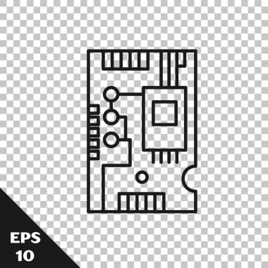 Siyah çizgi Elektronik bilgisayar bileşenleri anakart dijital çip entegre bilim ikonu şeffaf arka planda izole. Devre kartı. Vektör İllüstrasyonu