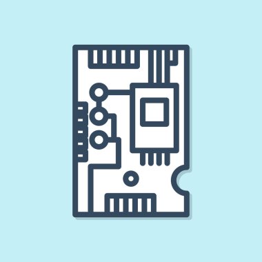 Mavi çizgi Elektronik bilgisayar bileşenleri anakart dijital çip entegre bilim ikonu mavi arkaplan izole. Devre kartı. Vektör İllüstrasyonu