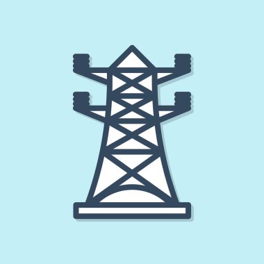 Mavi hat elektrik kulesi mavi arka planda izole edilmiş bir güç hattı simgesini desteklemek için kullanılır. Yüksek voltajlı elektrik direği hattı. Vektör İllüstrasyonu