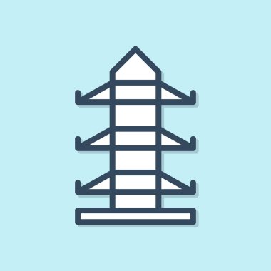 Mavi hat elektrik kulesi mavi arka planda izole edilmiş bir güç hattı simgesini desteklemek için kullanılır. Yüksek voltajlı elektrik direği hattı. Vektör İllüstrasyonu