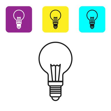 Beyaz arka plan üzerinde izole fikir simgesi kavramı ile siyah hat Ampul. Enerji ve fikir sembolü. İlham kavramı. Simgeleri renkli kare düğmeleri ayarlayın. Vektör İllüstrasyonu